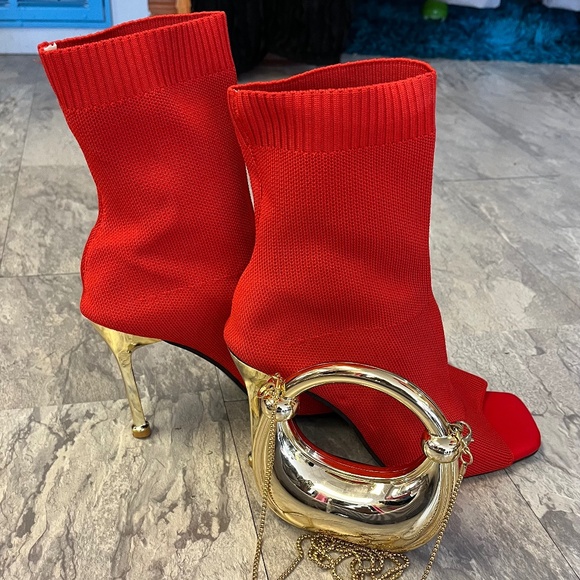Red Slip On Open Toe Booties with Gold Heels - Picture 1 of 2